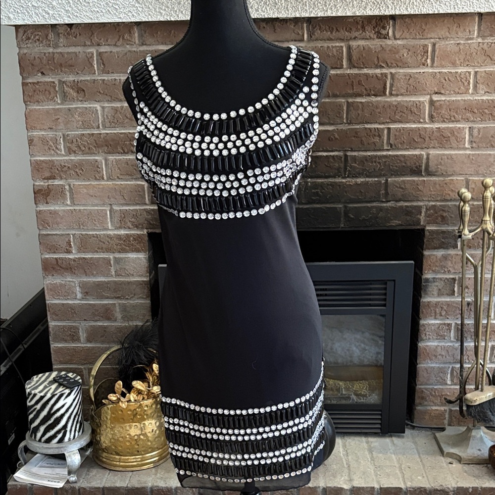 Chic Black and White Beaded Mini Dress